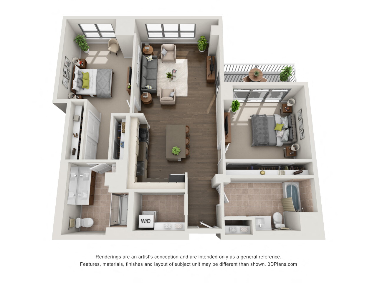 Floor plan for 2 beds, 2 baths, 1275 sqft